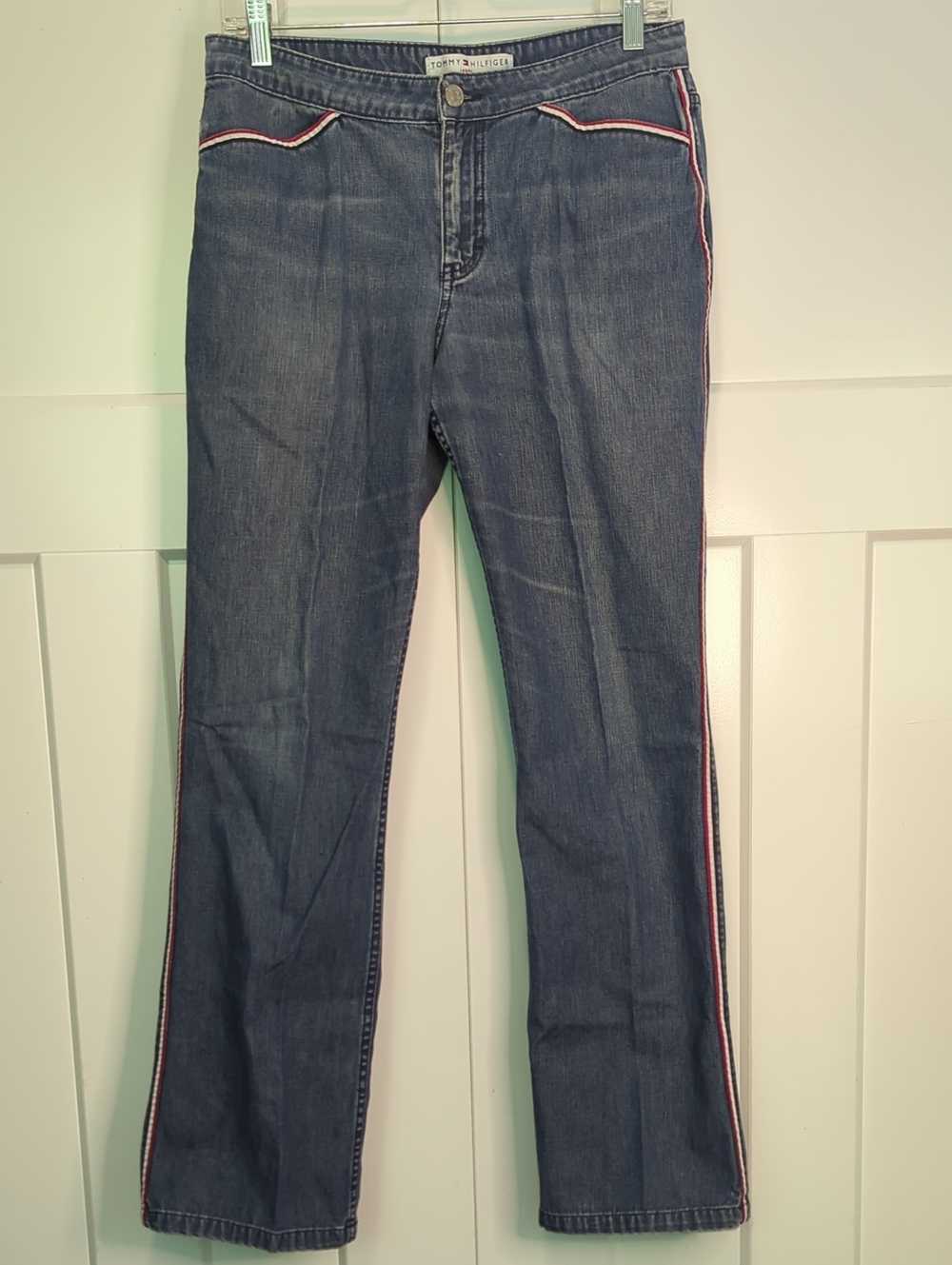 Vintage Tommy Hilfiger Women's Dark Blue Jeans with Red-White Side Stripe Size 8